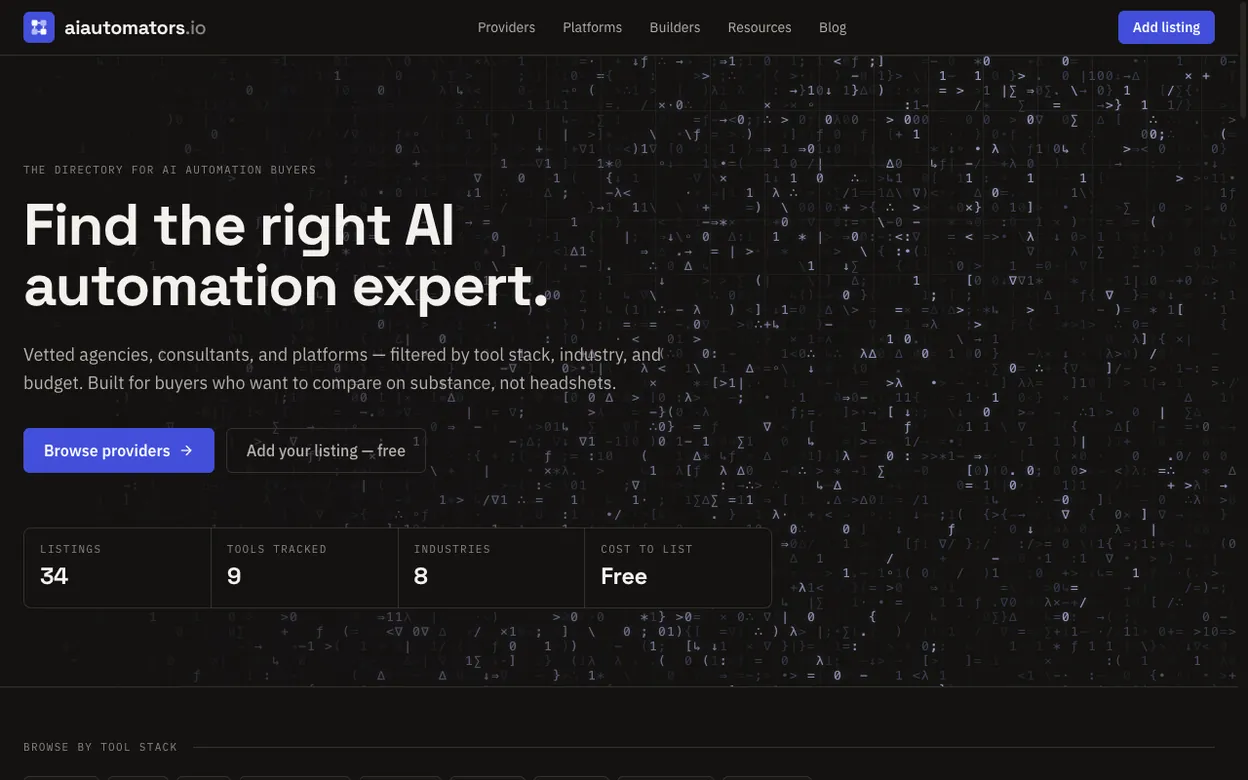 The AI Automators homepage, a directory for finding AI automation agencies and freelancers.