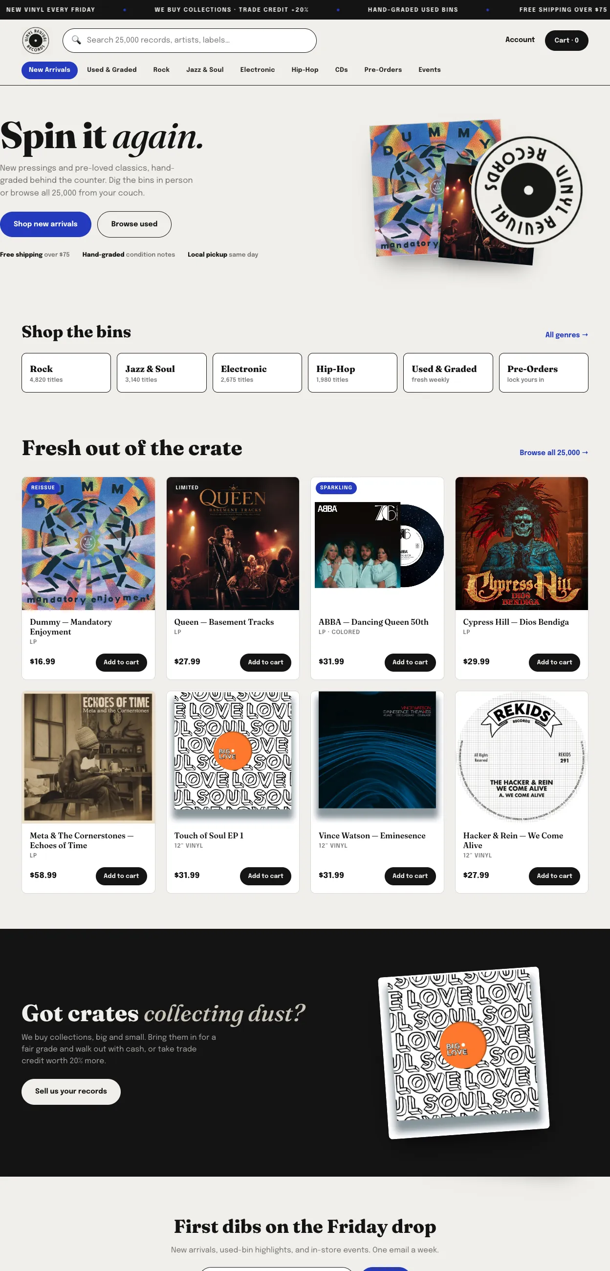 Homepage mockup for Vinyl Revival Records: a paper-and-ink search-first header reading Spin it again, above genre tiles.