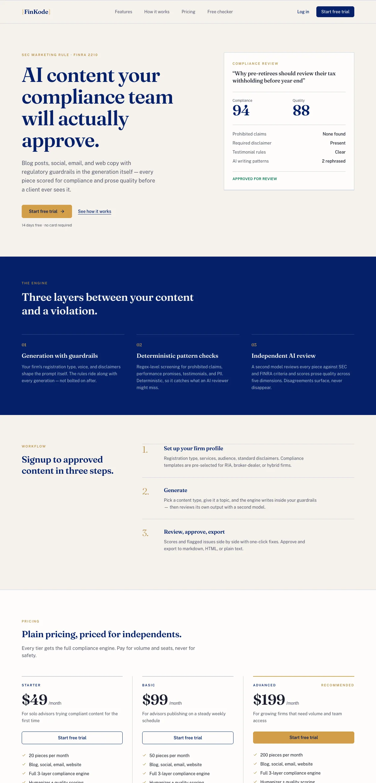 The FinKode homepage, headlined AI content your compliance team will actually approve.