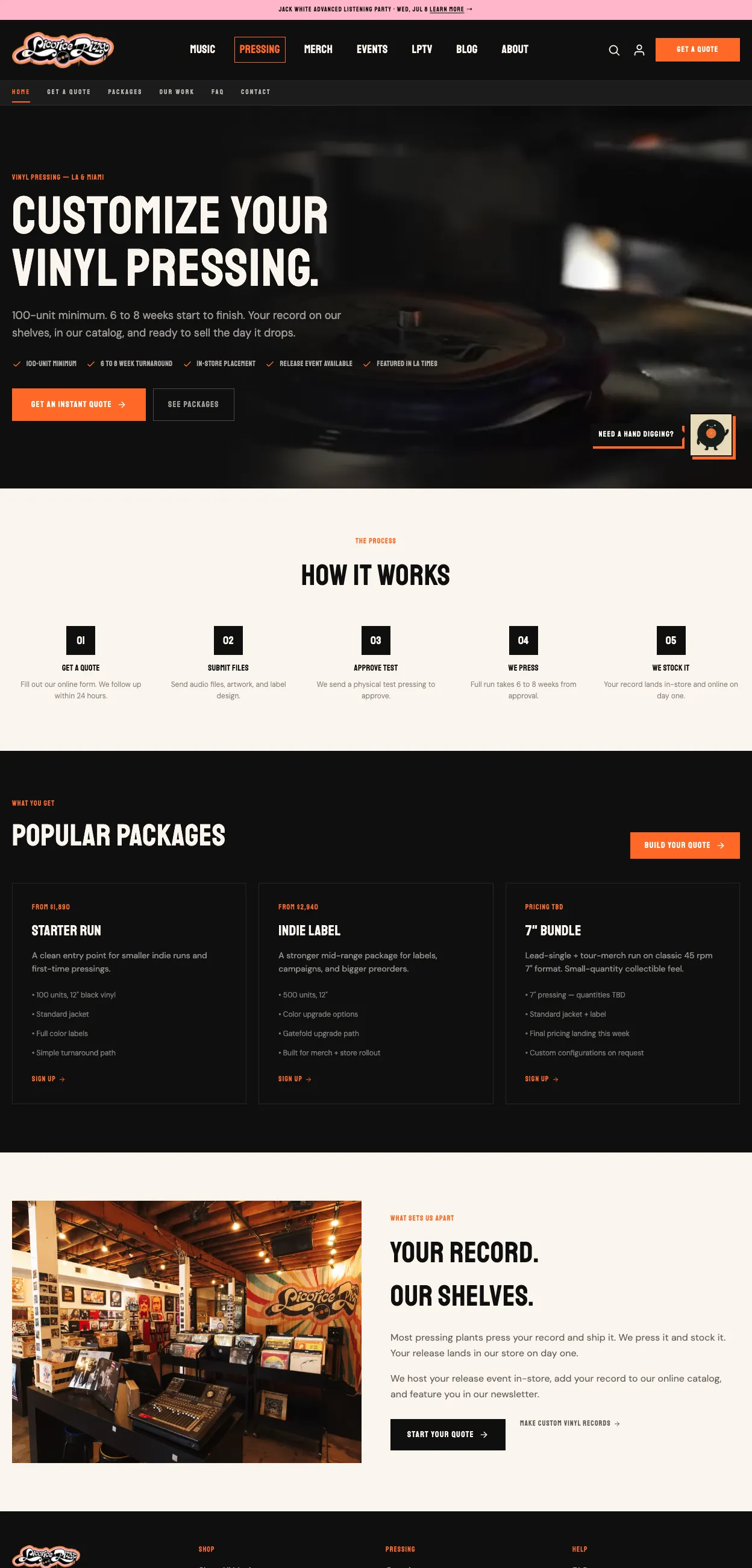 The Customize Your Vinyl Pressing landing page, over a photograph of a record on a turntable, listing a 100 unit minimum and a 6 to 8 week turnaround.